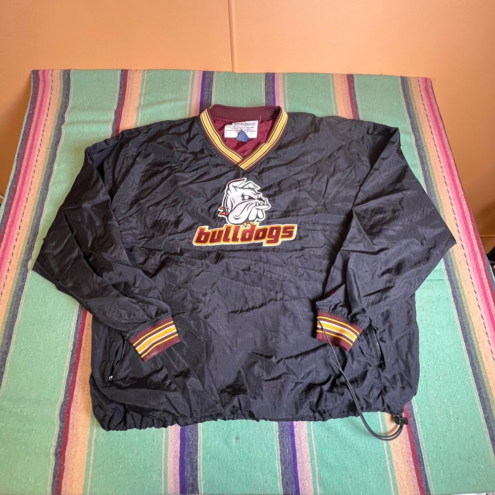 Vintage Champion Windbreaker Mens XXL Black Bulldogs V-Neck Pullover Jacket